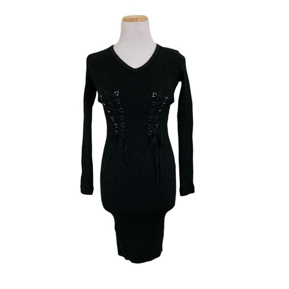 Guess Metallic Ribbed Knit Lace Up Corset Bodycon Dress Retro Y2K - Picture 5 of 12